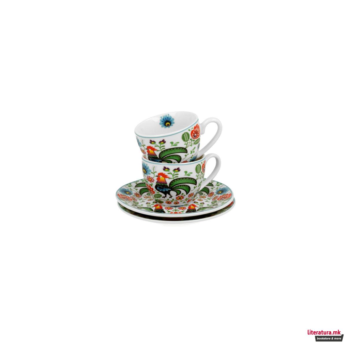 Сет од 2 шолји со тацни Folk Roosters, 110 ml 
