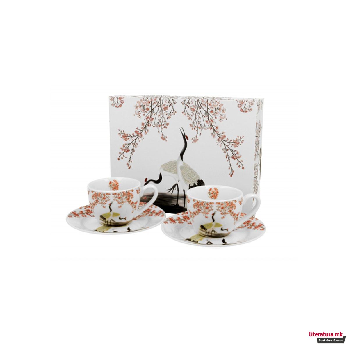 Сет од 2 шолји со тацни Sakura & Cranes, 110 ml 