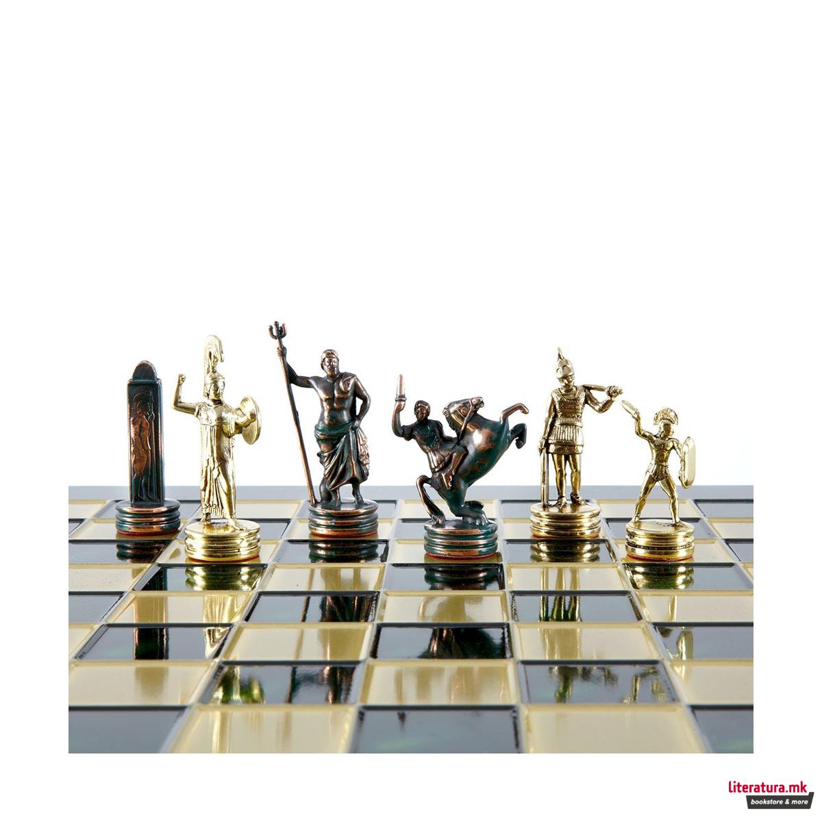 Сет за шах, Handcrafted Greek Mythology, голем, зелен со зелени/златни фигури 