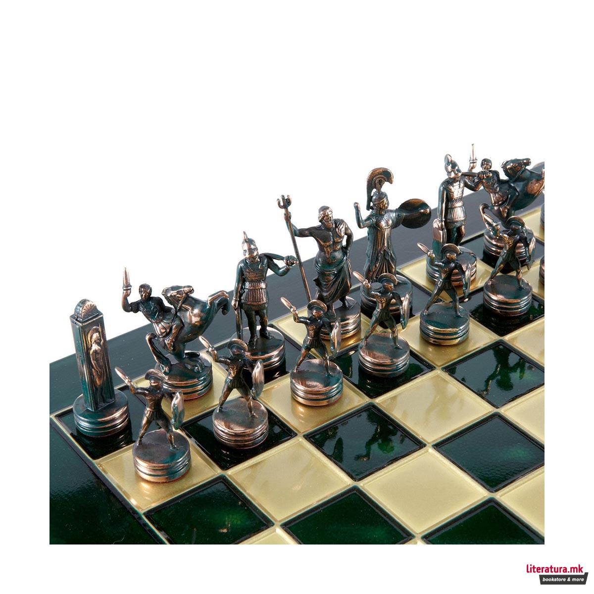 Сет за шах, Handcrafted Greek Mythology, голем, зелен со зелени/златни фигури 