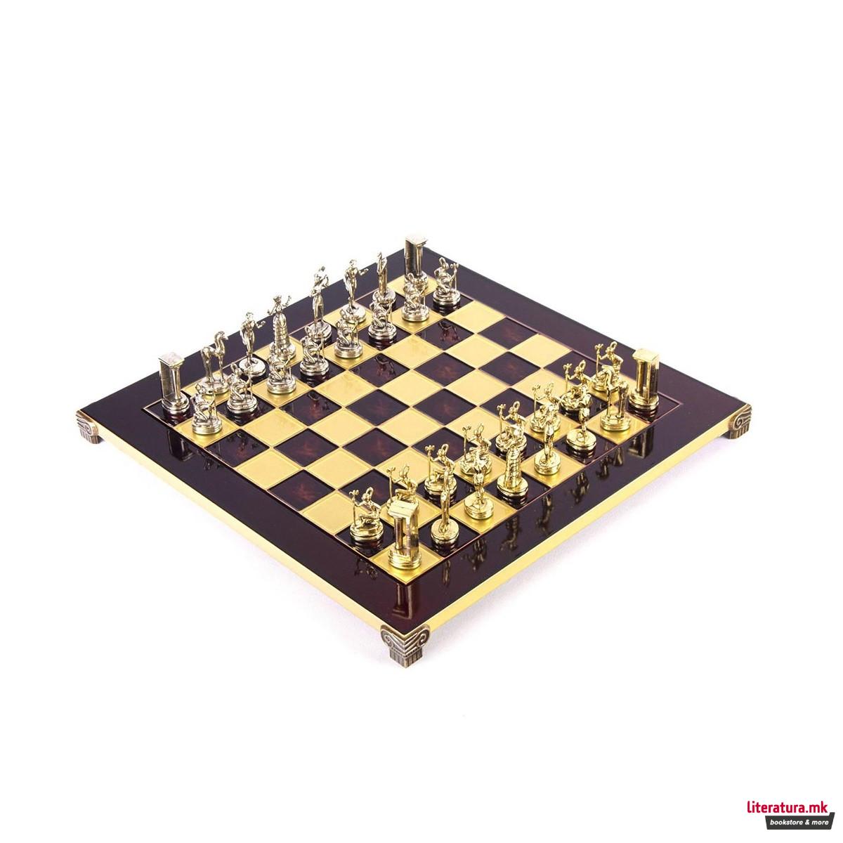 Сет за шах, Handcrafted Minoan Warrior, голем, црвен со златни/сребрени фигури 