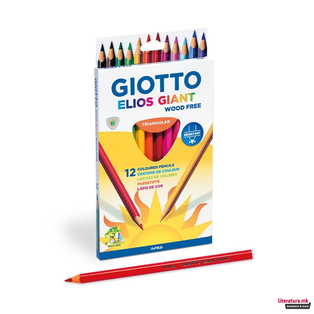 Моливи во боја, Giotto, Elios Giant - Wood Free, триаголни, 12 бои 