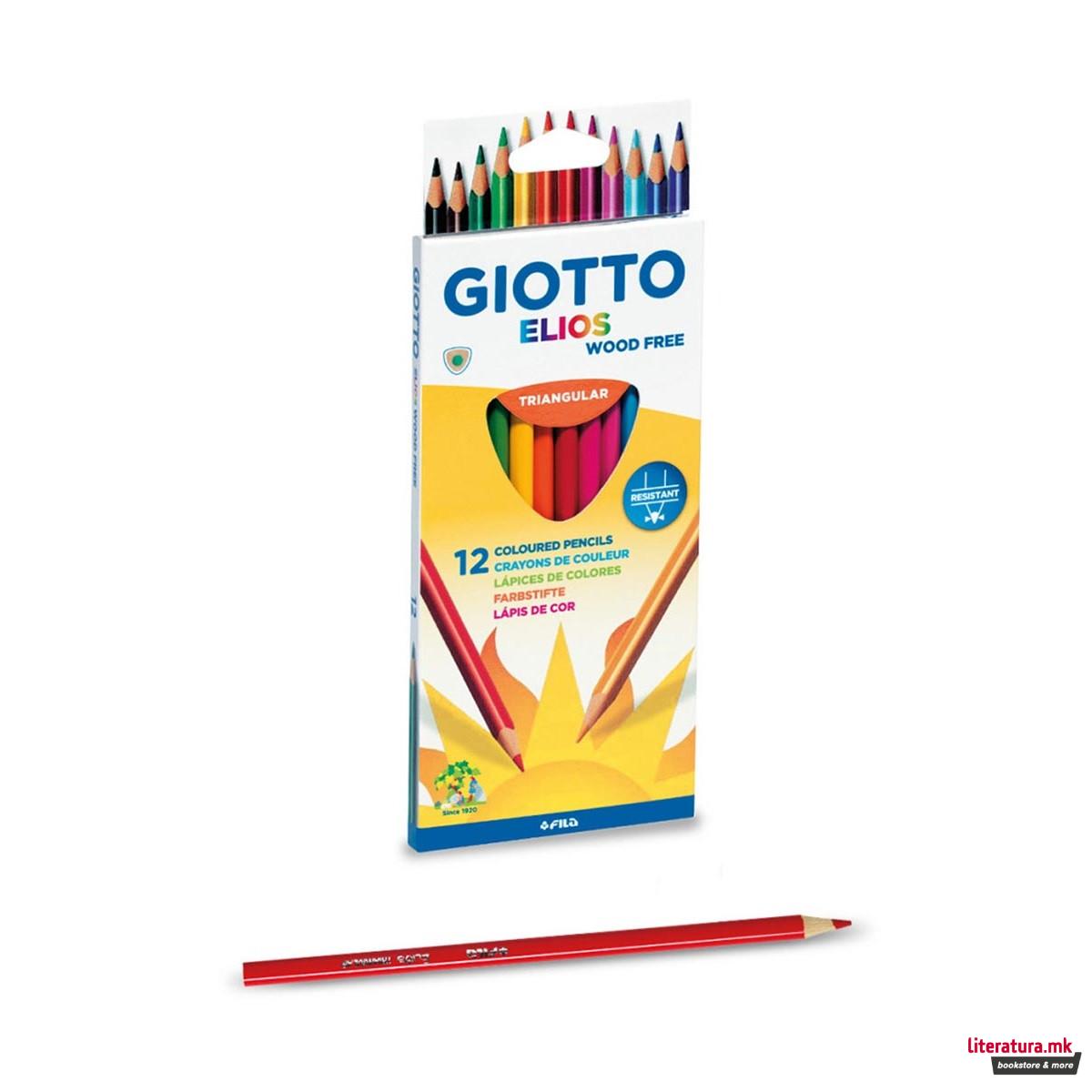 Моливи во боја, Giotto, Elios - Wood Free, триаголни, 12 бои 
