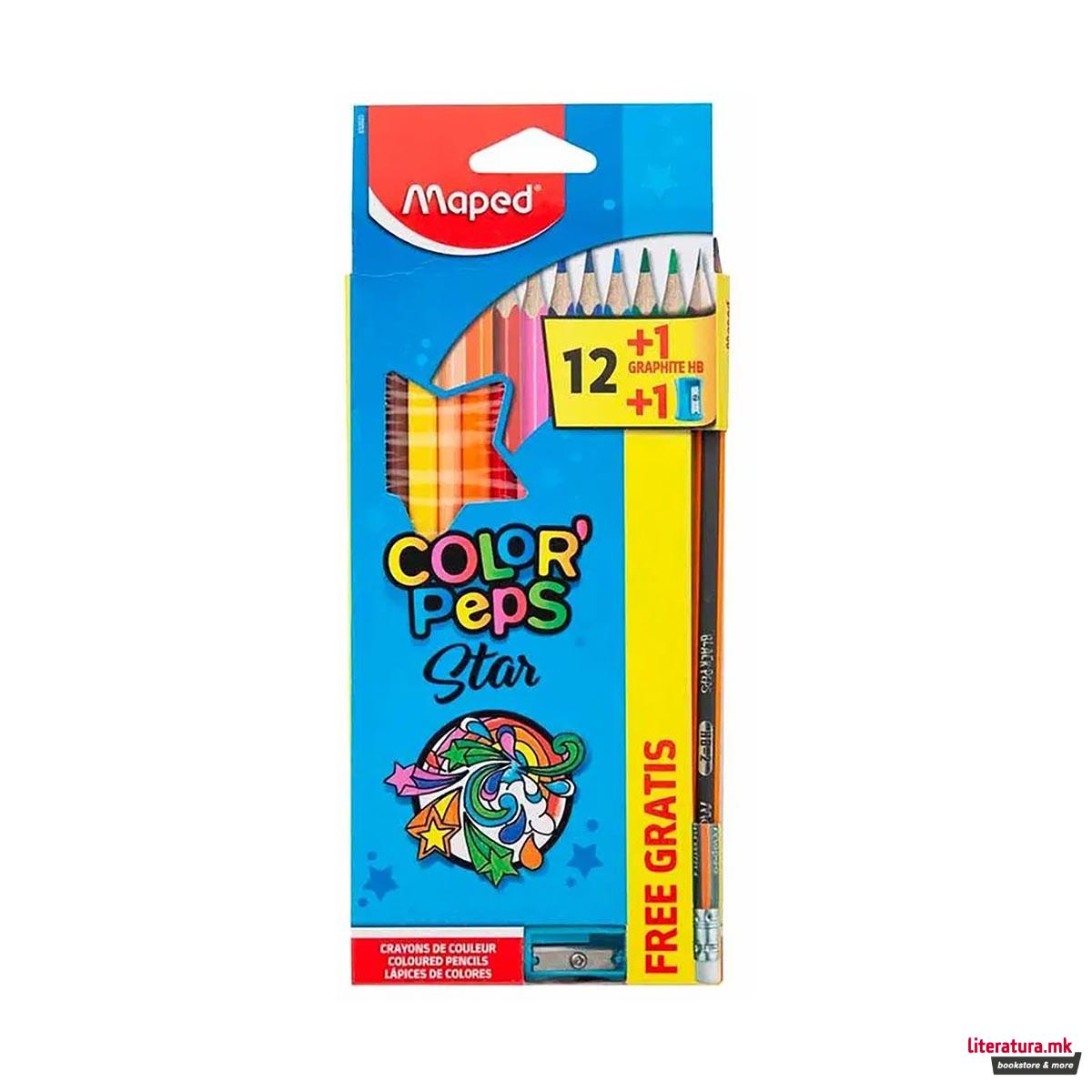 Дрвени боици + молив и Острилка, Maped, Color'Peps, 1/12 