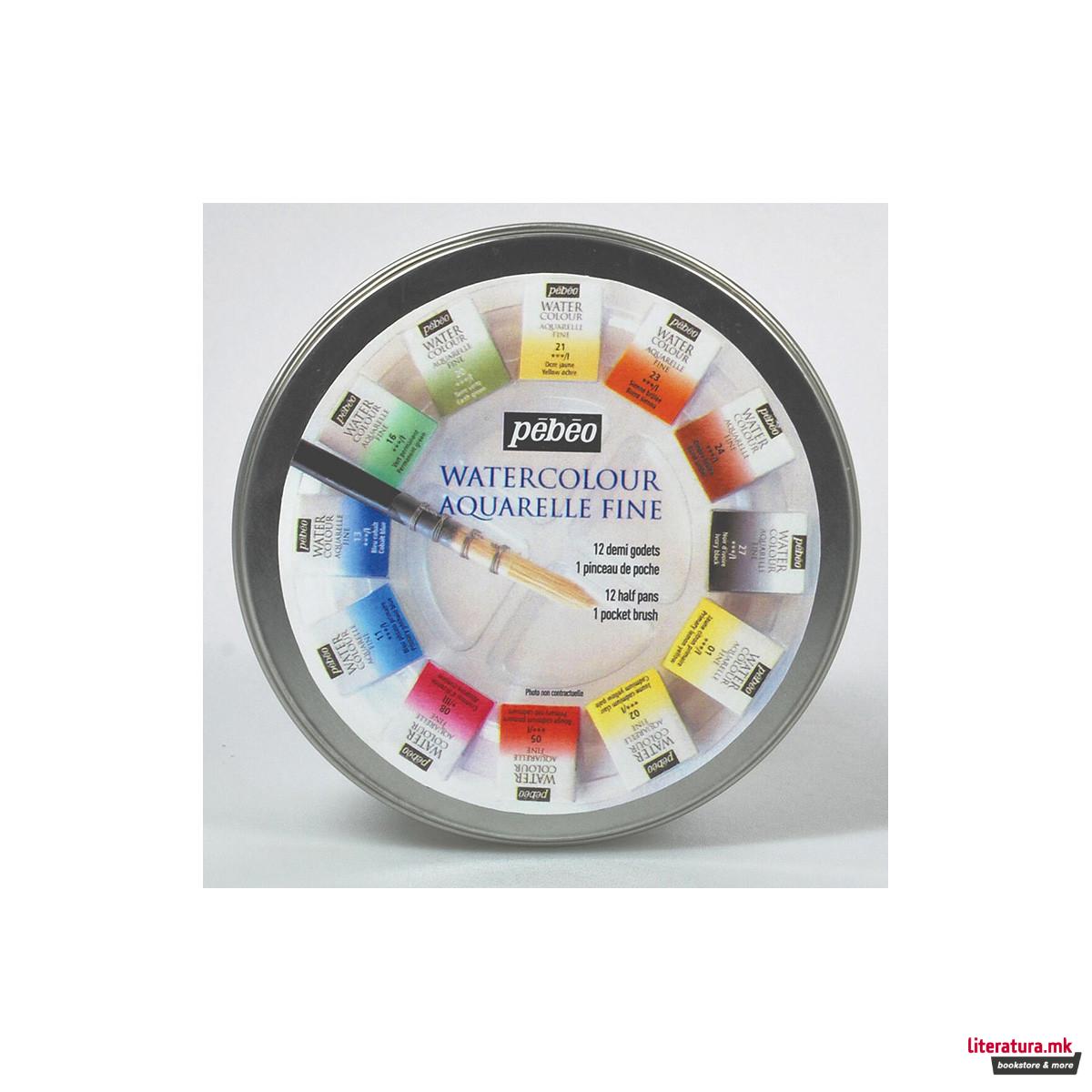 Сет акварели + четка, Pebeo, Aquarelle Fine, 12 бои 