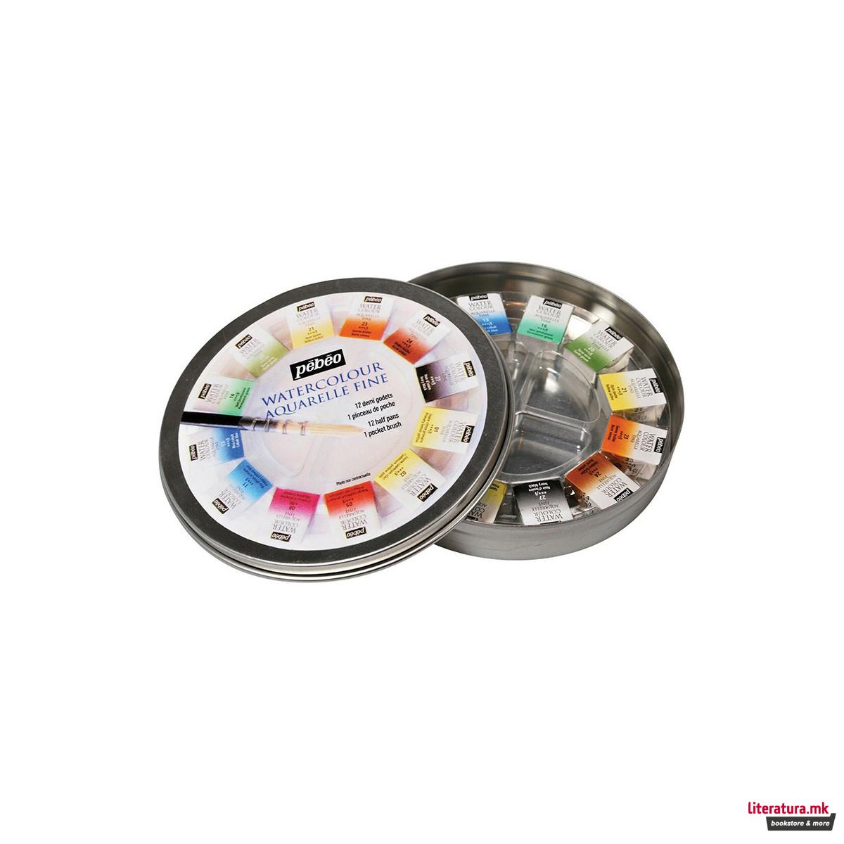 Сет акварели + четка, Pebeo, Aquarelle Fine, 12 бои 