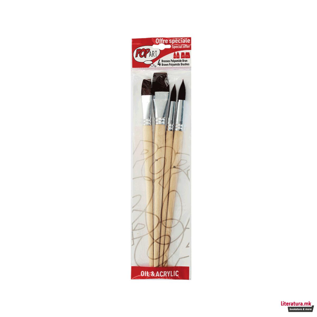 Сет од 4 четки за масло и акрил, Pebeo, Pop Art, синтетички влакна, кафеави 