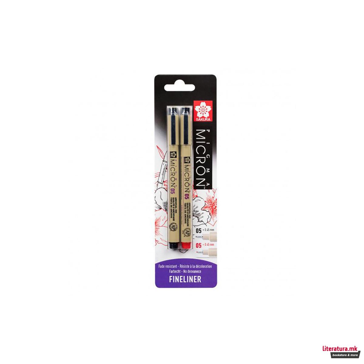 Сет од 2 фајнлајнери - блистер, Sakura, Pigma Micron 05, 0.45 мм, црн/црвен 