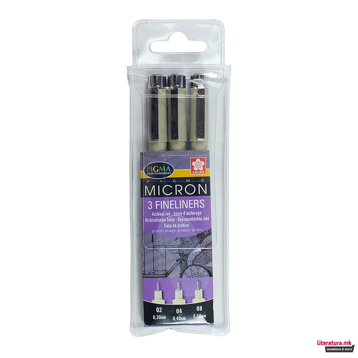 Сет од 3 фајнлајнери, Sakura, Pigma Micron, 02/04/08, црни 