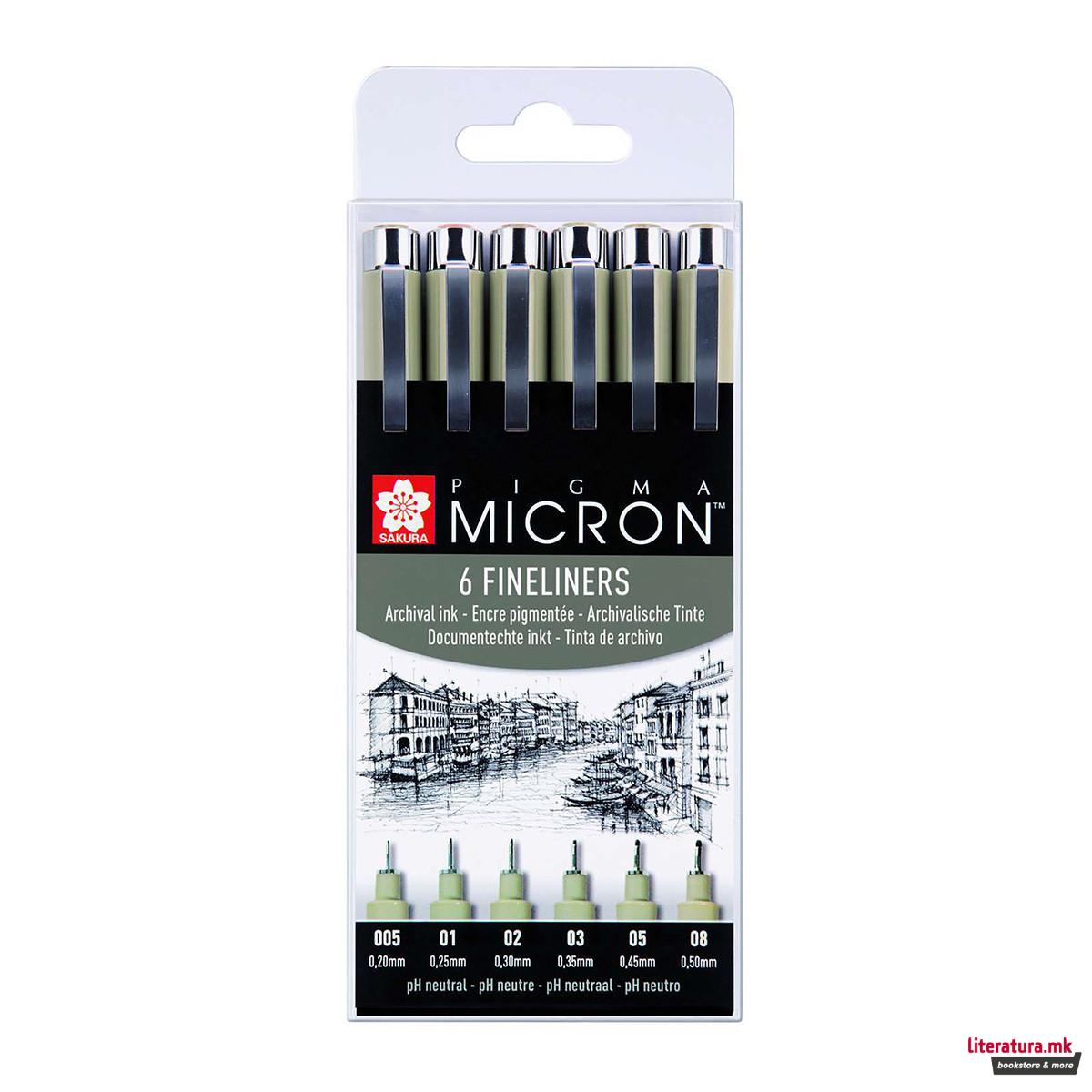 Сет од 6 фајнлајнери, Sakura, Pigma Micron, 005/01/02/03/05/08, црни