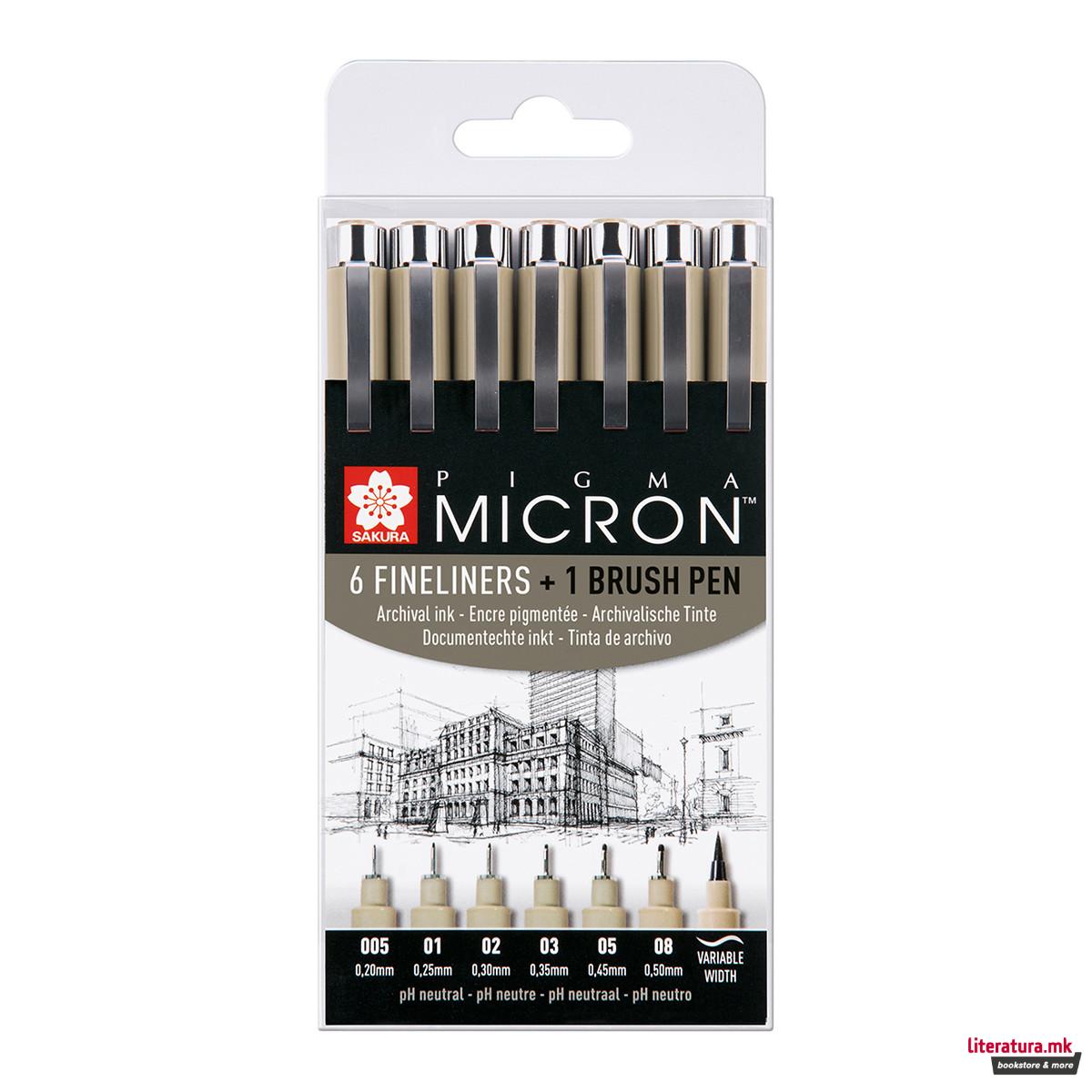 Сет од 6 фајнлајнери + брашпен, Sakura, Pigma Micron, 005/01/02/03/05/08, црни 