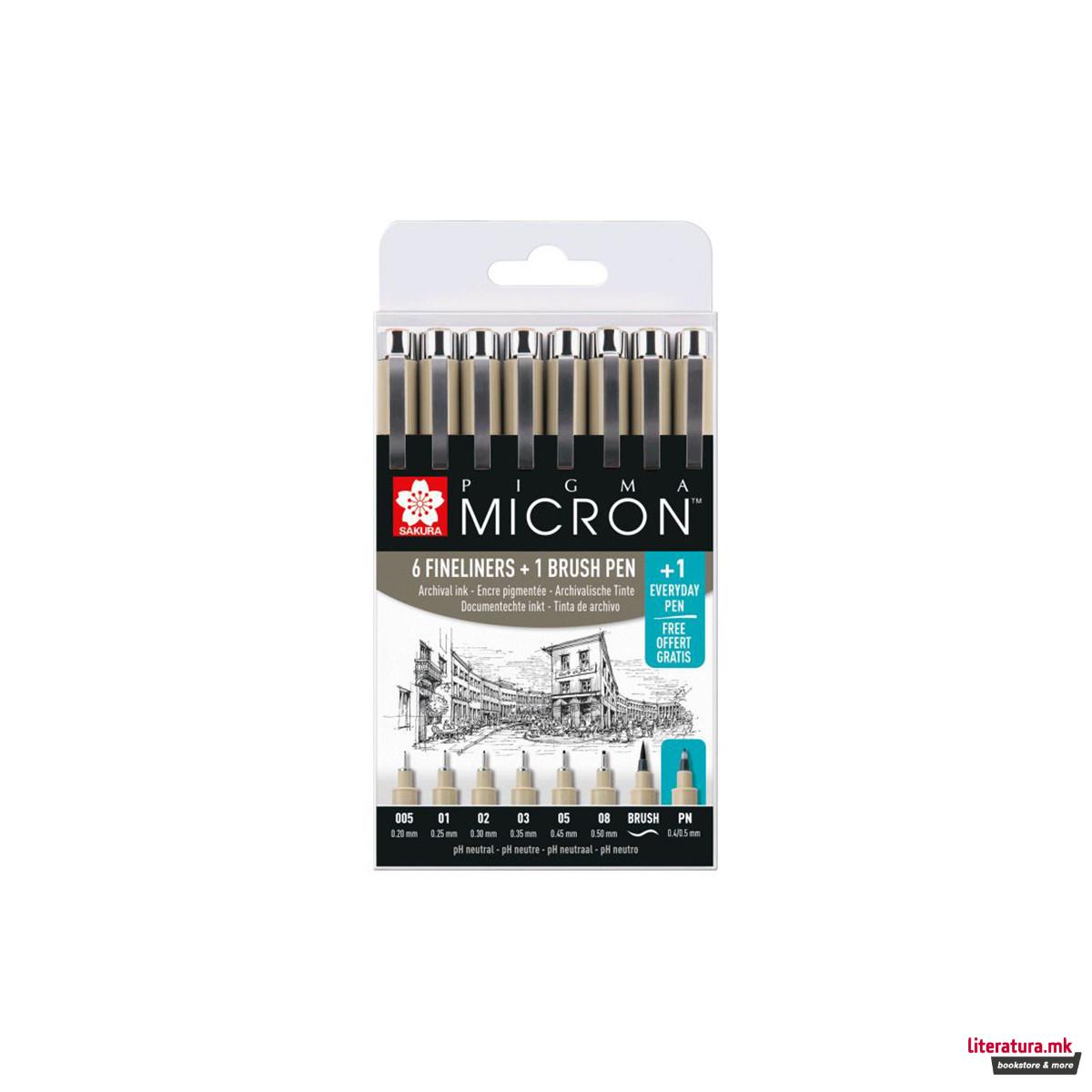 Сет од 6 фајнлајнери + брашпен + Пенкало, Sakura, Pigma Micron, 005/01/02/03/05/08/PN, црни 