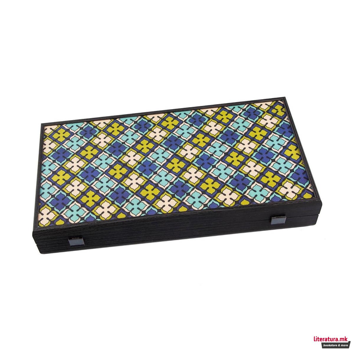 Сет за табла, Handcrafted Geometrical Floral Pattern - Navy Blue, голем