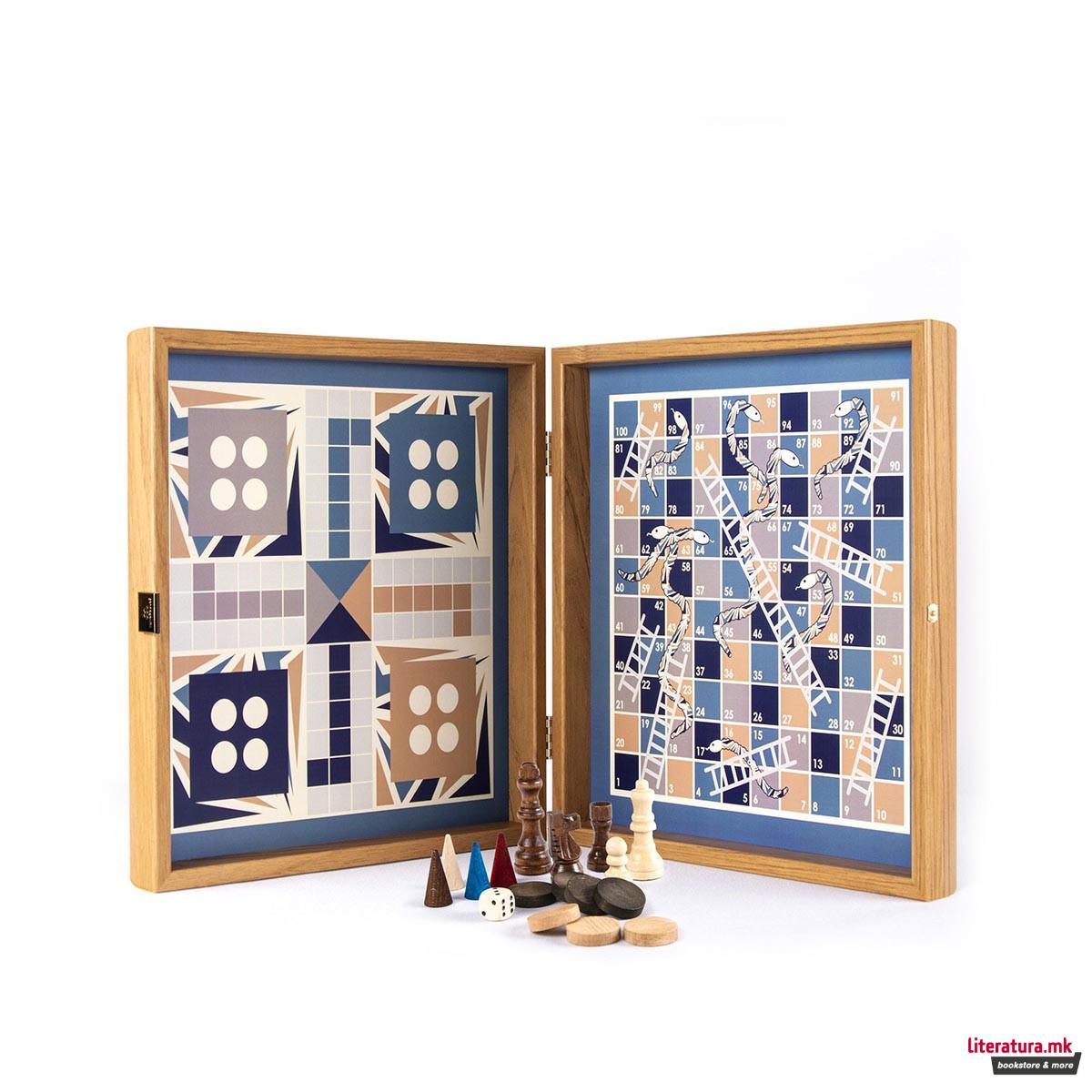 Сет игри 4 во 1, Navy Blue - Chess, Backgammon, Ludo & Snakes 
