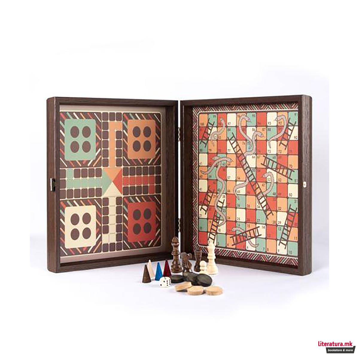 Сет игри 4 во 1, Vintage - Chess, Backgammon, Ludo & Snakes 