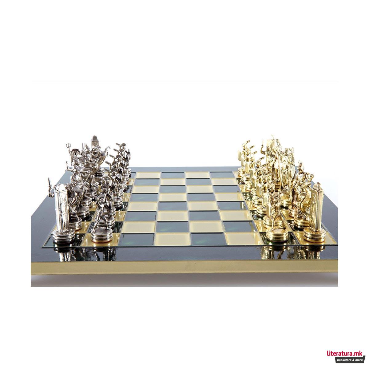 Сет за шах, Handcrafted Greek Mythology, зелен со златни/сребрени фигури 