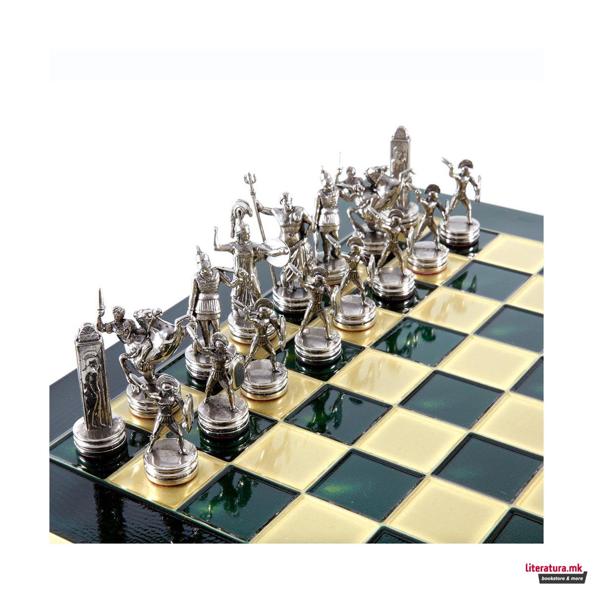 Сет за шах, Handcrafted Greek Mythology, зелен со златни/сребрени фигури 