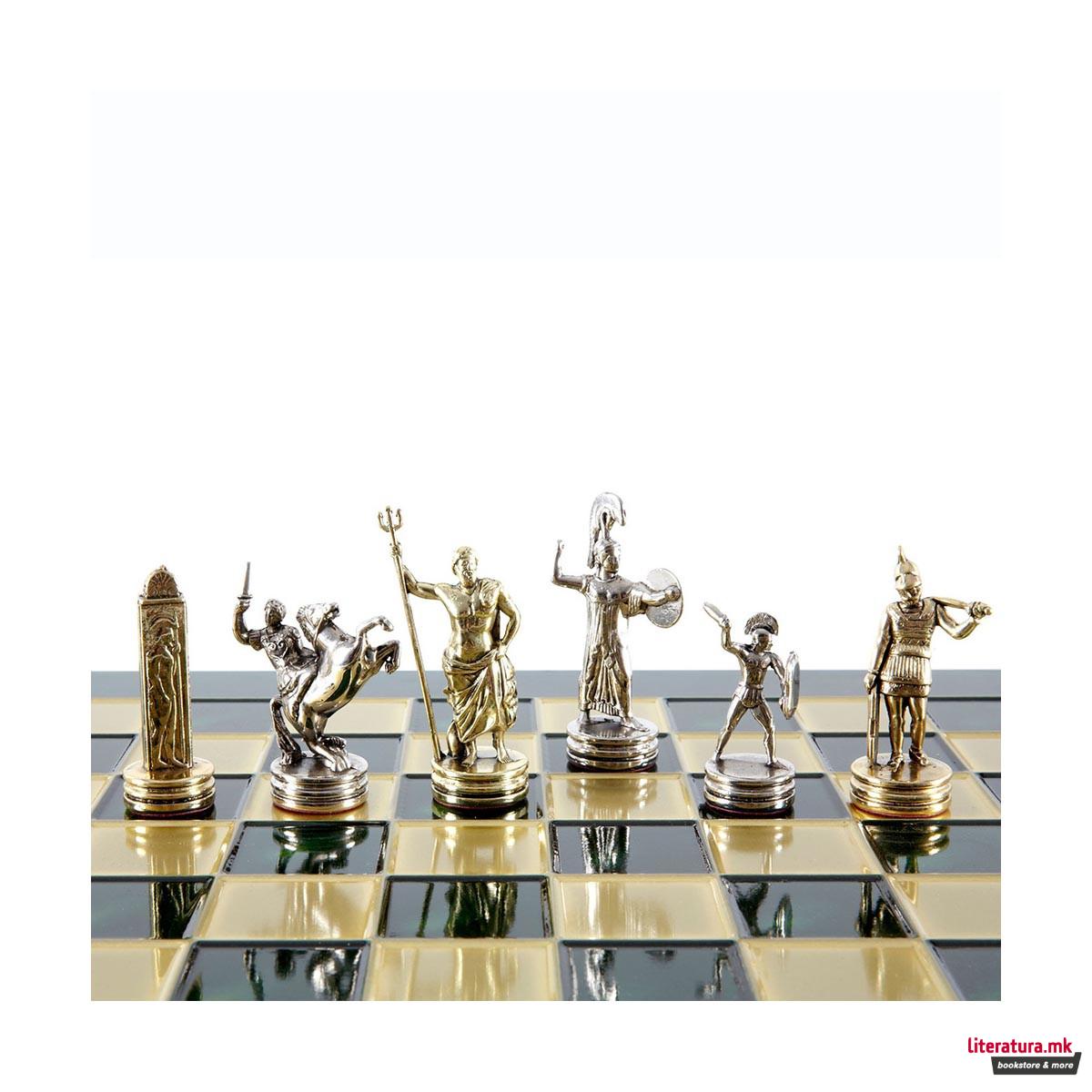 Сет за шах, Handcrafted Greek Mythology, зелен со златни/сребрени фигури 