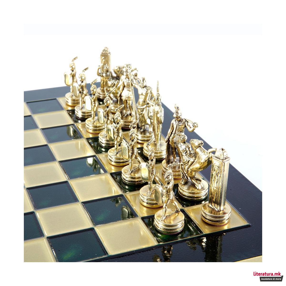 Сет за шах, Handcrafted Greek Mythology, зелен со златни/сребрени фигури 