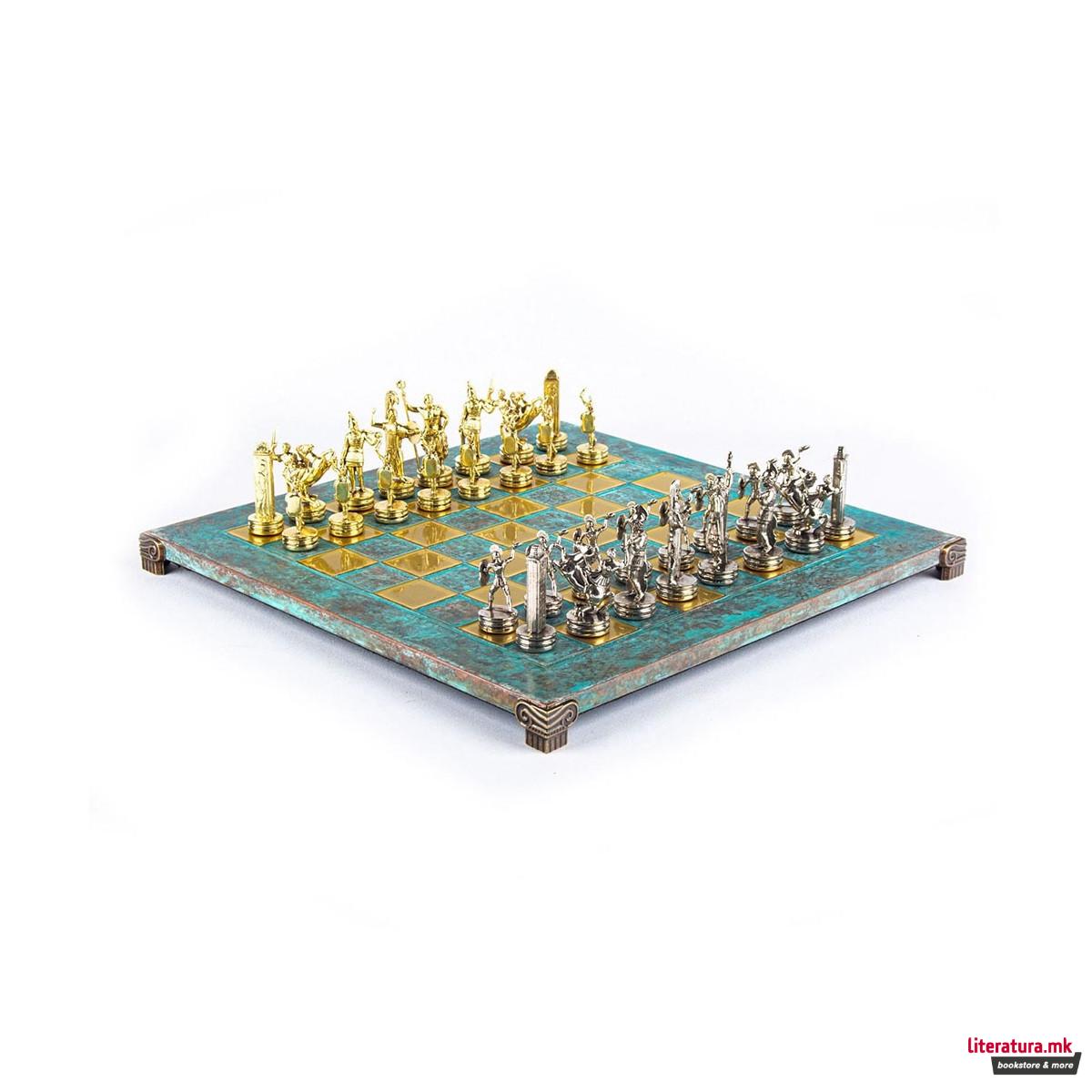 Сет за шах, Handcrafted Greek Mythology, тиркизен со златни/сребрени фигури 