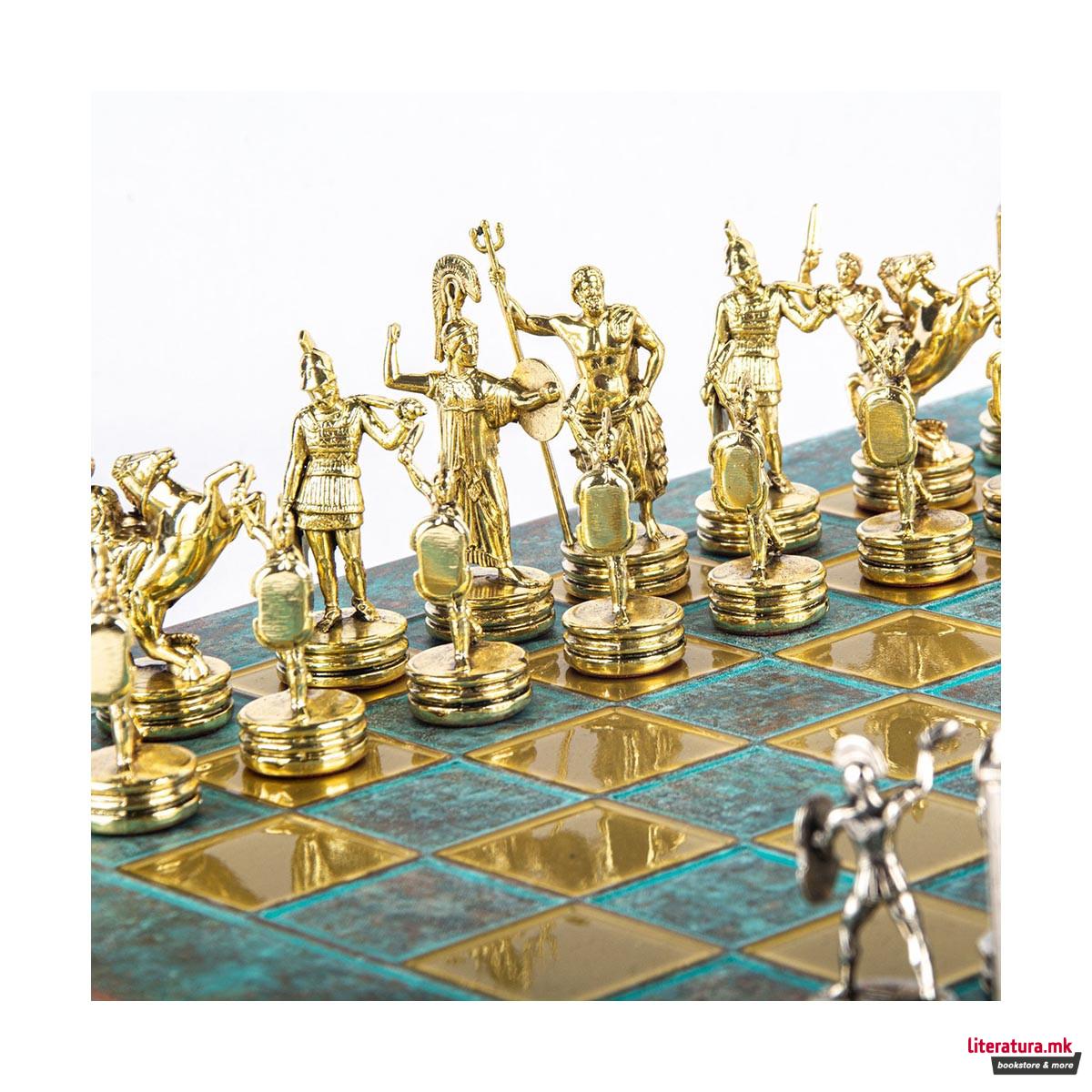 Сет за шах, Handcrafted Greek Mythology, тиркизен со златни/сребрени фигури 