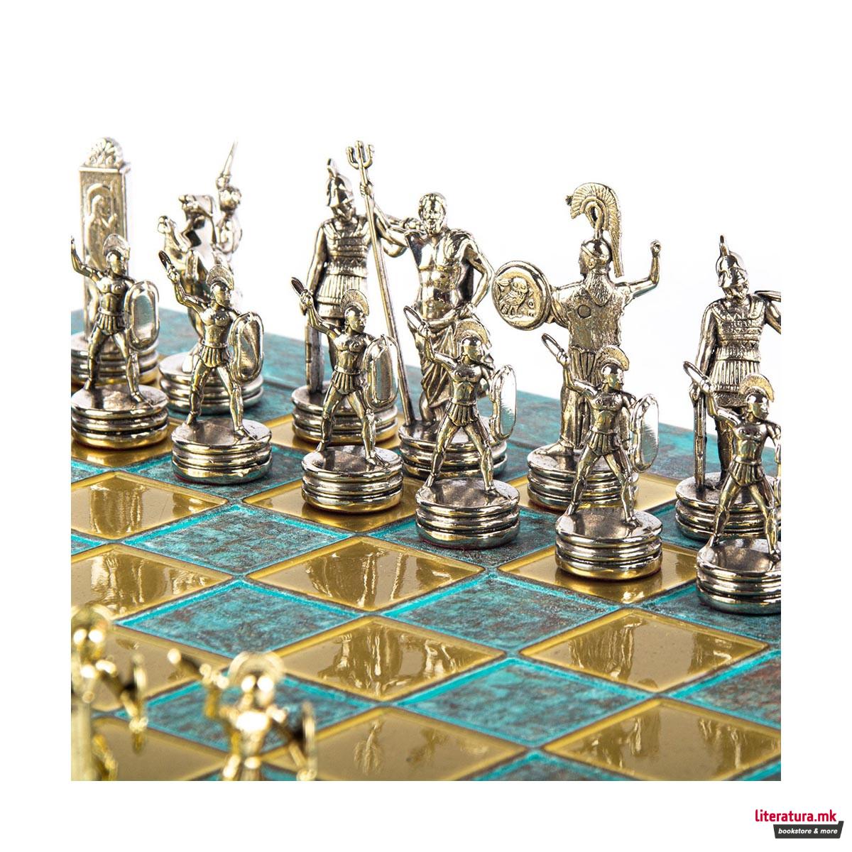 Сет за шах, Handcrafted Greek Mythology, тиркизен со златни/сребрени фигури 