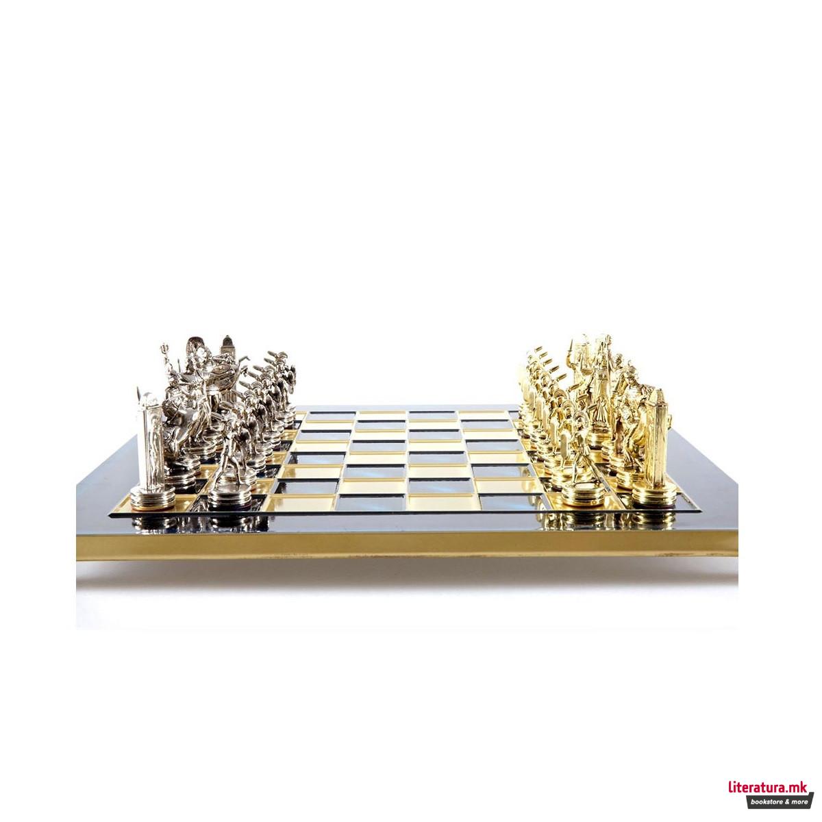 Сет за шах, Handcrafted Greek Mythology, среден, син со златни/сребрени фигури 
