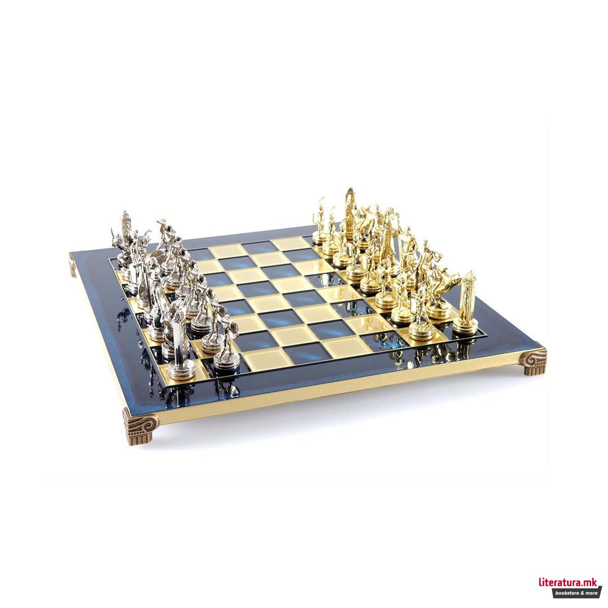 Сет за шах, Handcrafted Greek Mythology, среден, син со златни/сребрени фигури 