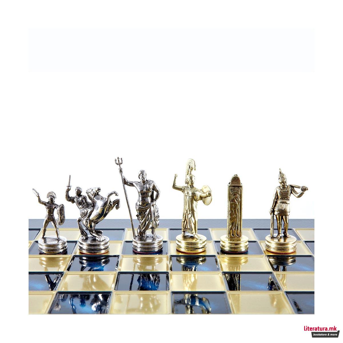 Сет за шах, Handcrafted Greek Mythology, среден, син со златни/сребрени фигури 