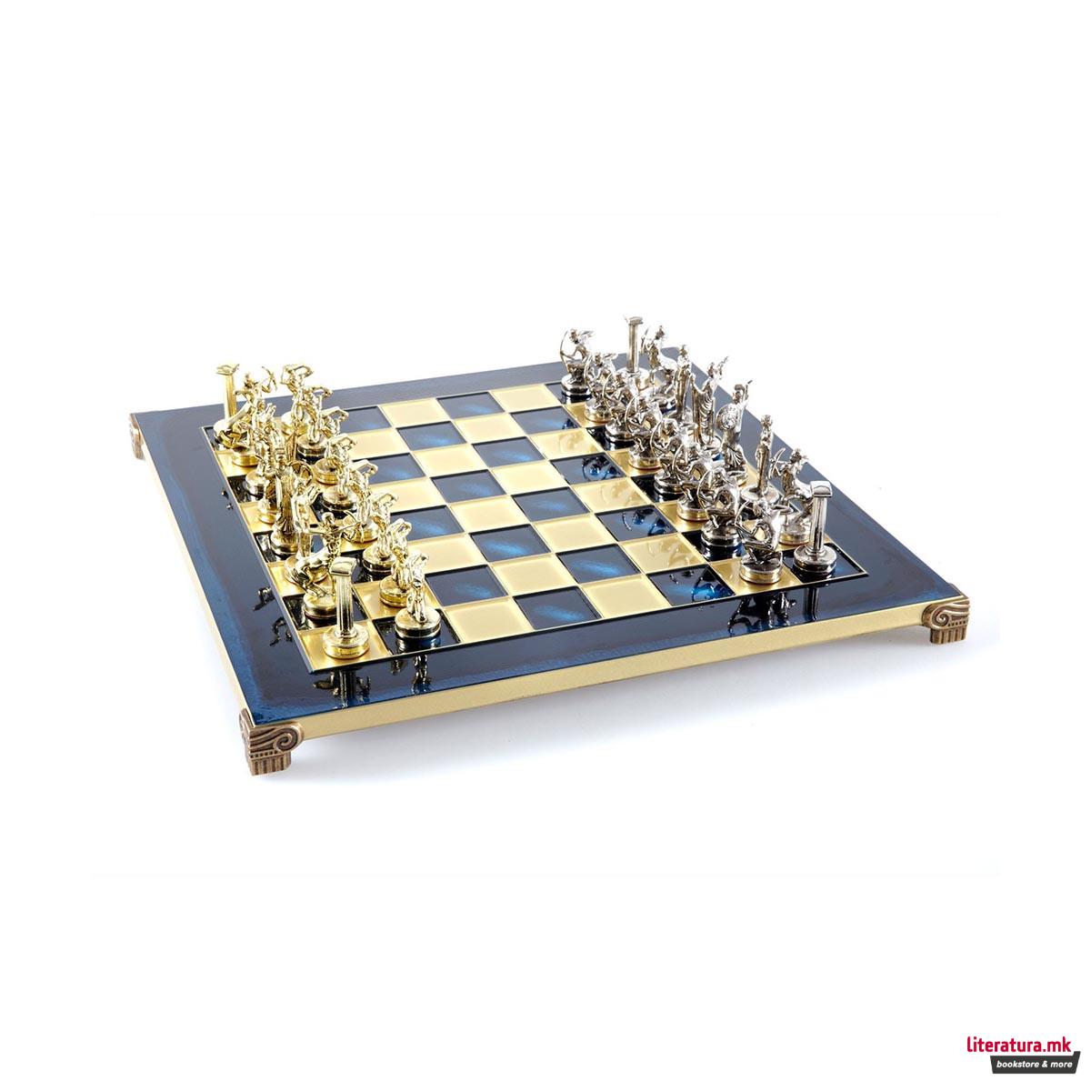 Сет за шах, Handcrafted Giants Battle Set, среден, син со златни/сребрени фигури