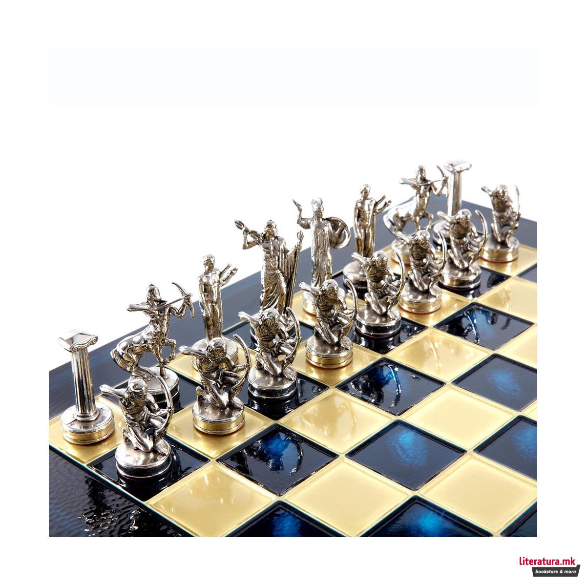 Сет за шах, Handcrafted Giants Battle Set, среден, син со златни/сребрени фигури