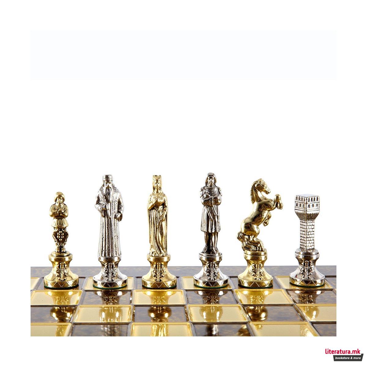 Сет за шах, Handcrafted Renaissance Set среден, кафеав со златни/сребрени фигури 