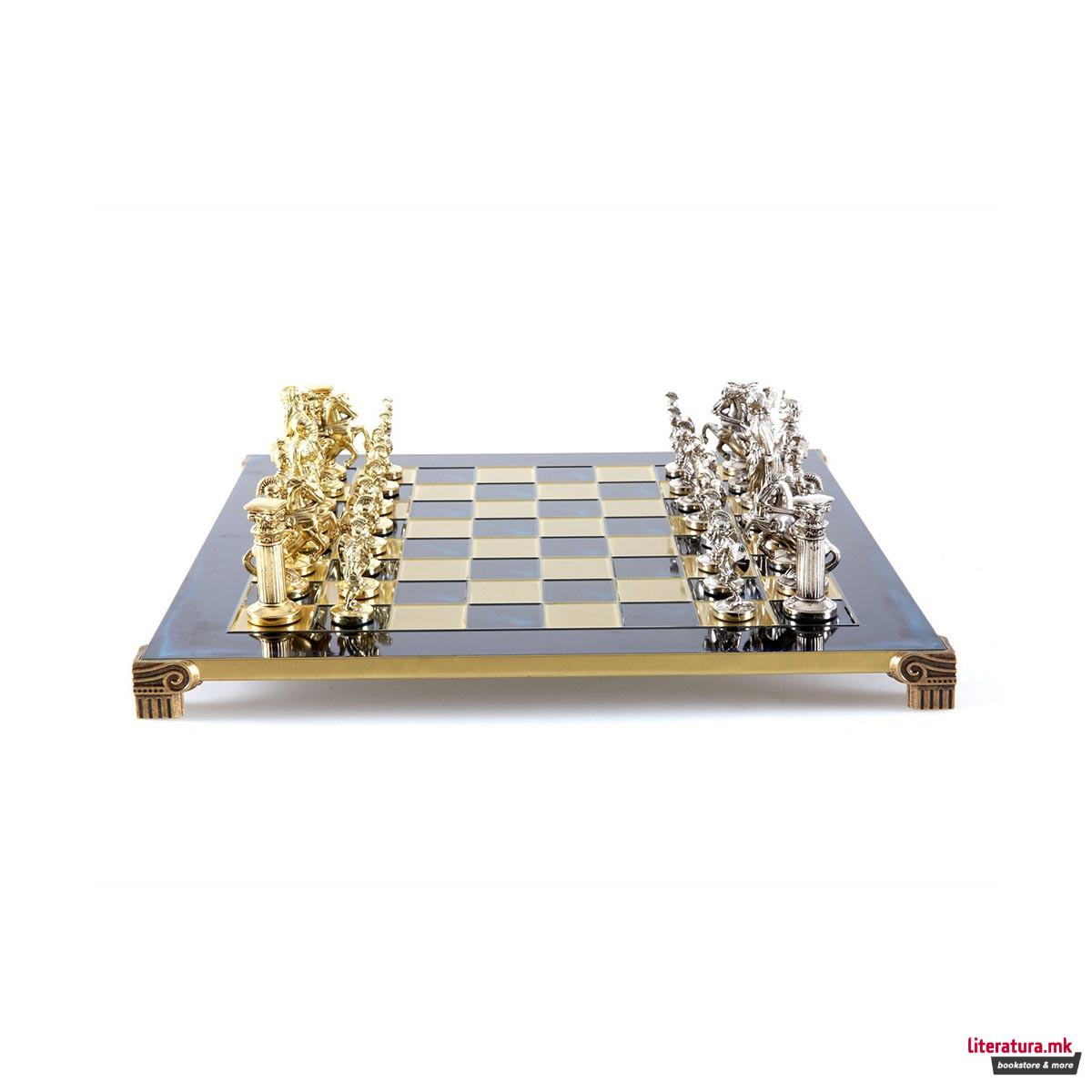 Сет за шах, Handcrafted Archers Set, голем, син со златни/сребрени фигури 