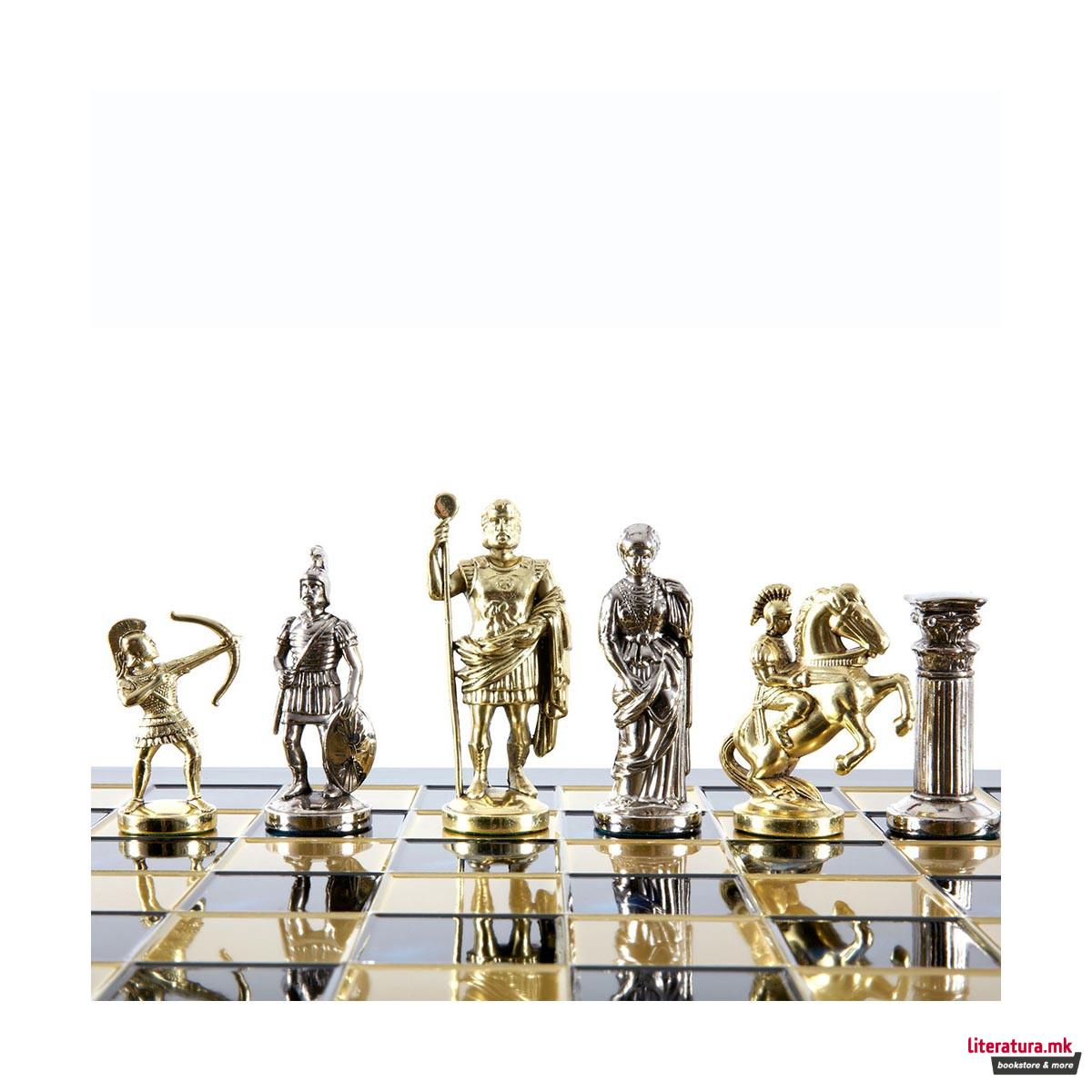 Сет за шах, Handcrafted Archers Set, голем, син со златни/сребрени фигури 