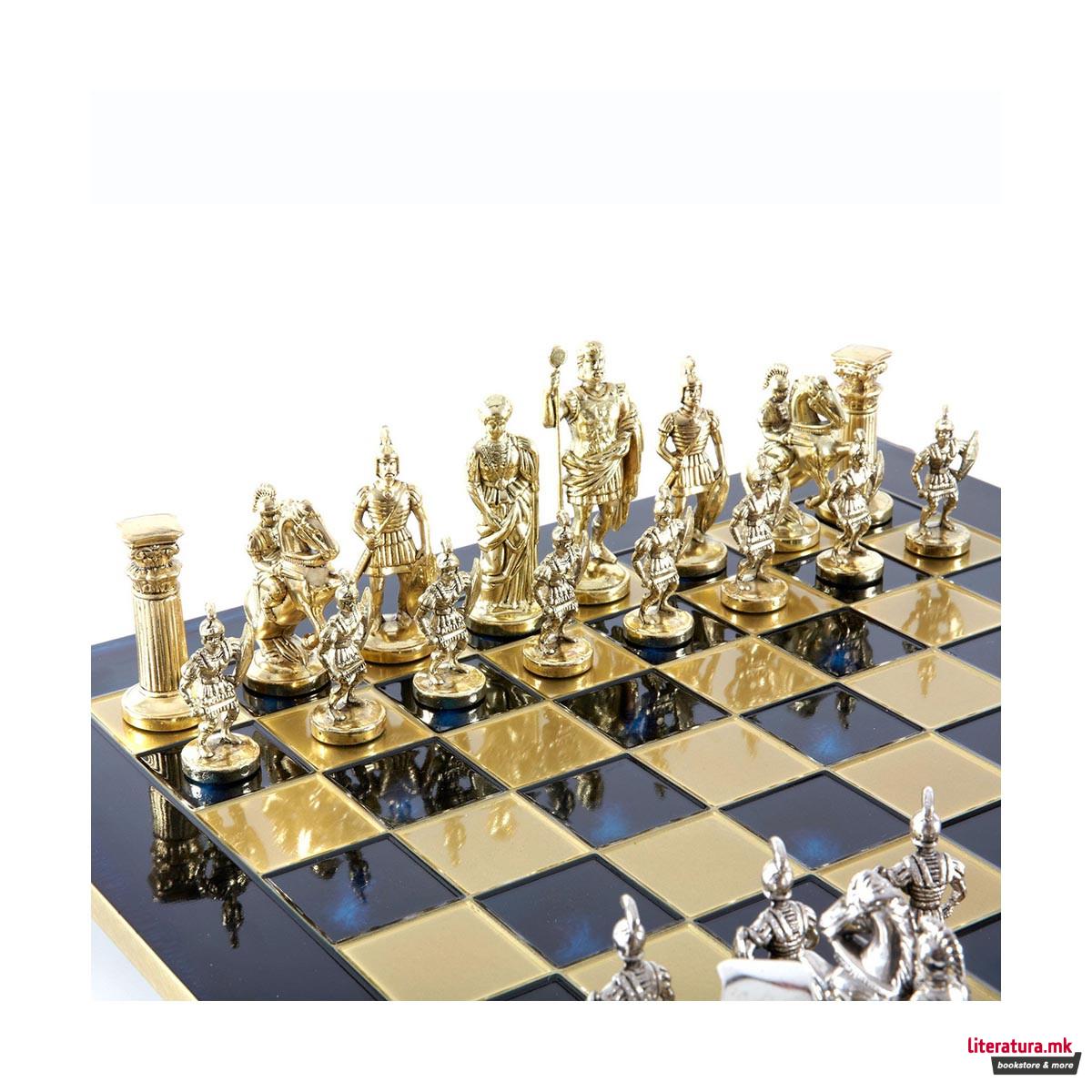Сет за шах, Handcrafted Archers Set, голем, син со златни/сребрени фигури 