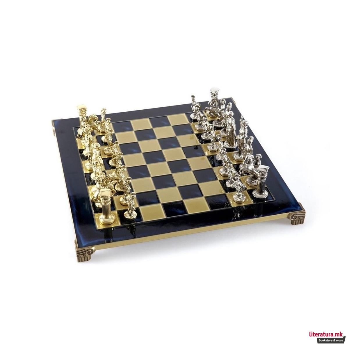 Сет за шах, Handcrafted Greek Roman Period, голем, син со златни/сребрени фигури 