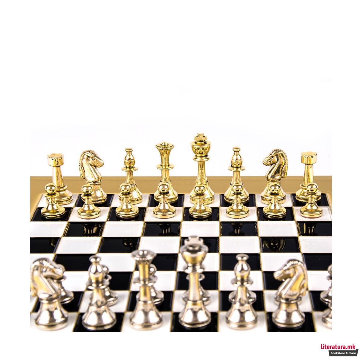 Сет за шах, Handcrafted Classic Metal Staunton, црн со златни/сребрени фигури 