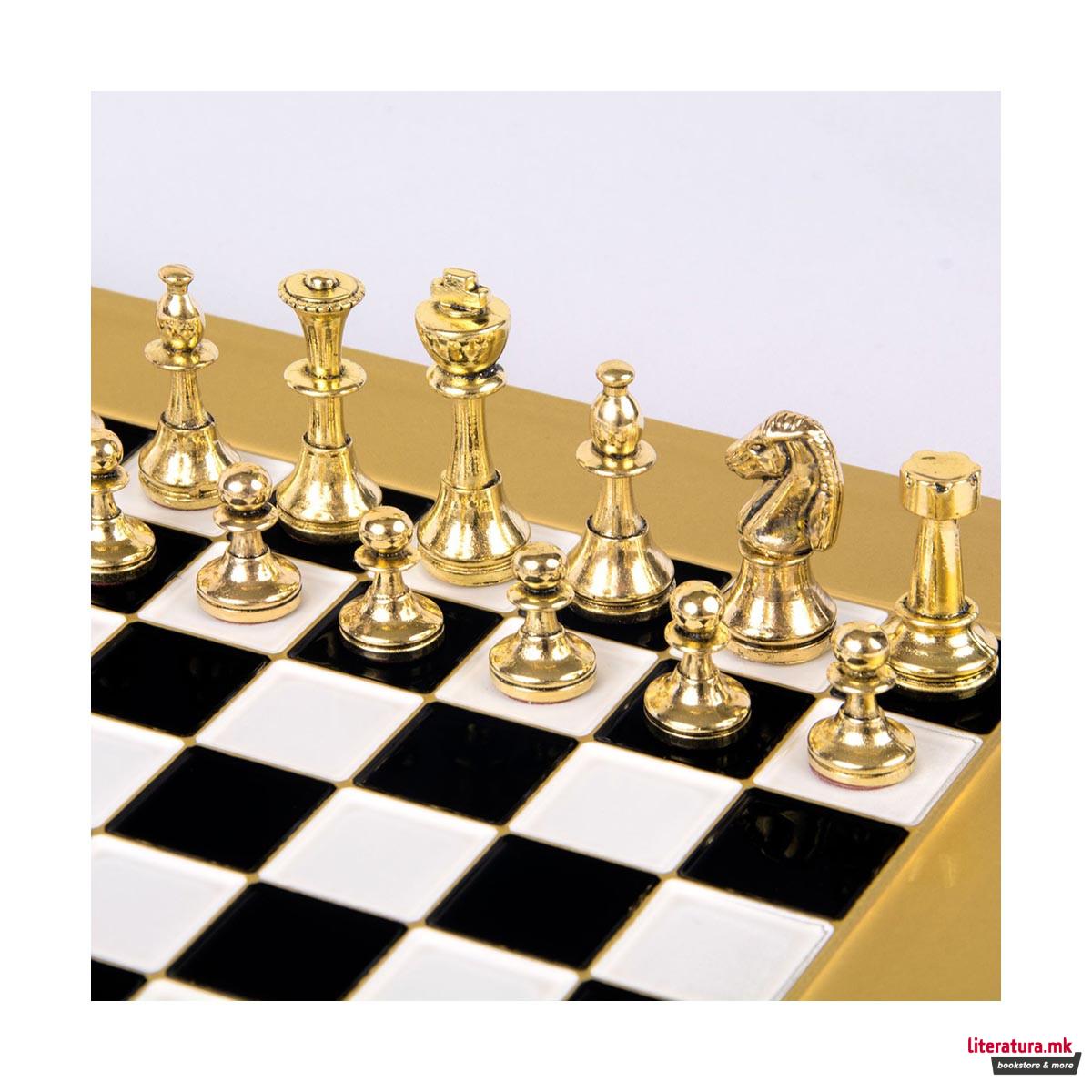 Сет за шах, Handcrafted Classic Metal Staunton, црн со златни/сребрени фигури 
