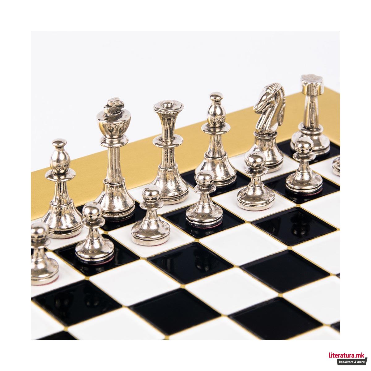 Сет за шах, Handcrafted Classic Metal Staunton, црн со златни/сребрени фигури 