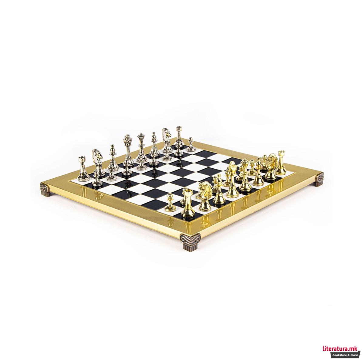 Сет за шах, Classic Metal Staunton, среден, црн со златни/сребрени фигури 