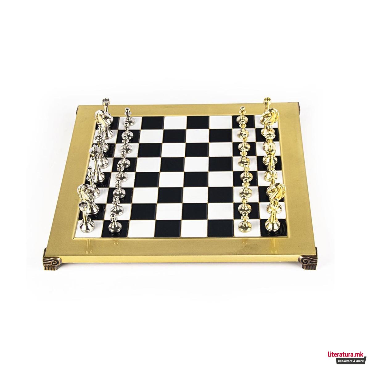 Сет за шах, Classic Metal Staunton, среден, црн со златни/сребрени фигури 