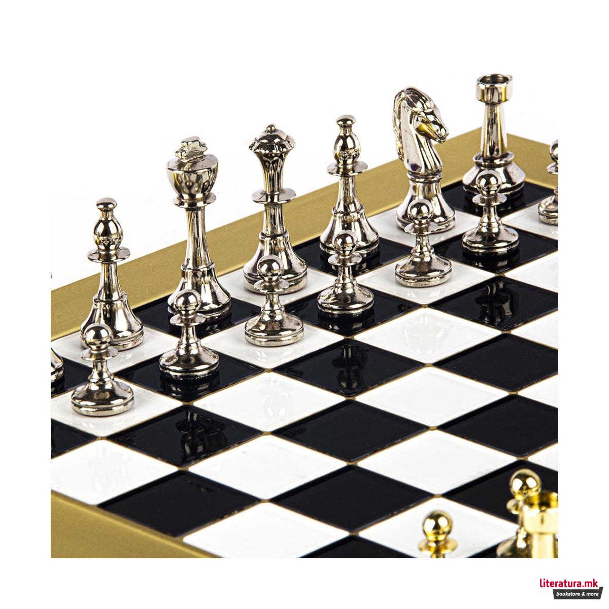 Сет за шах, Classic Metal Staunton, среден, црн со златни/сребрени фигури 
