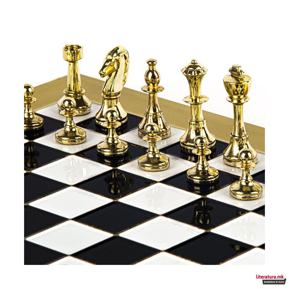 Сет за шах, Classic Metal Staunton, среден, црн со златни/сребрени фигури 