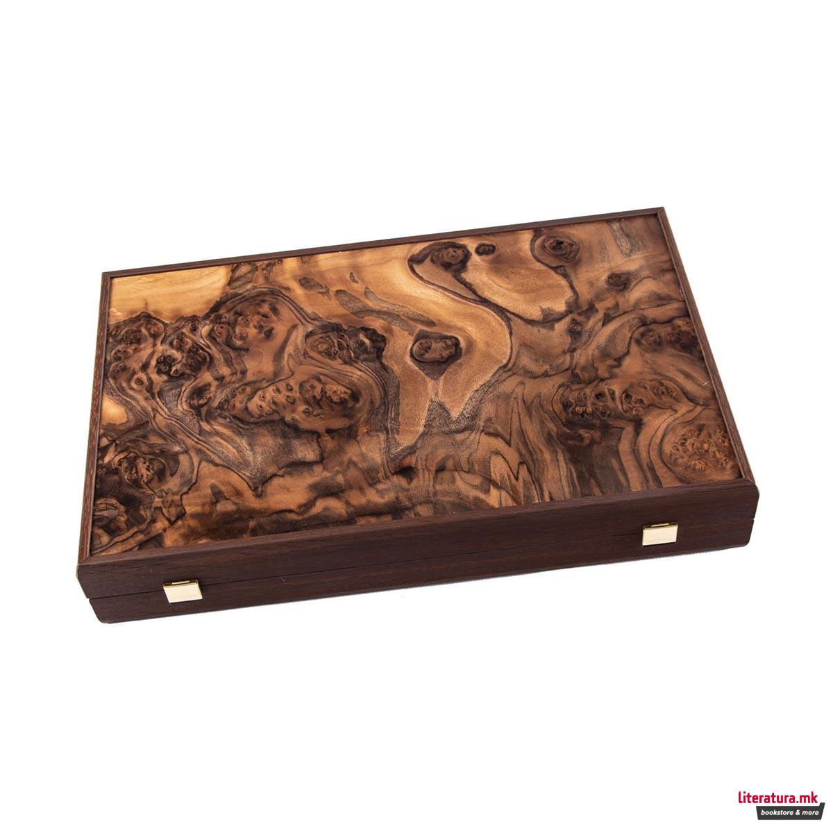 Сет за табла,Premium Handcrafted Natural Burl w/Pearl Elements, голем 