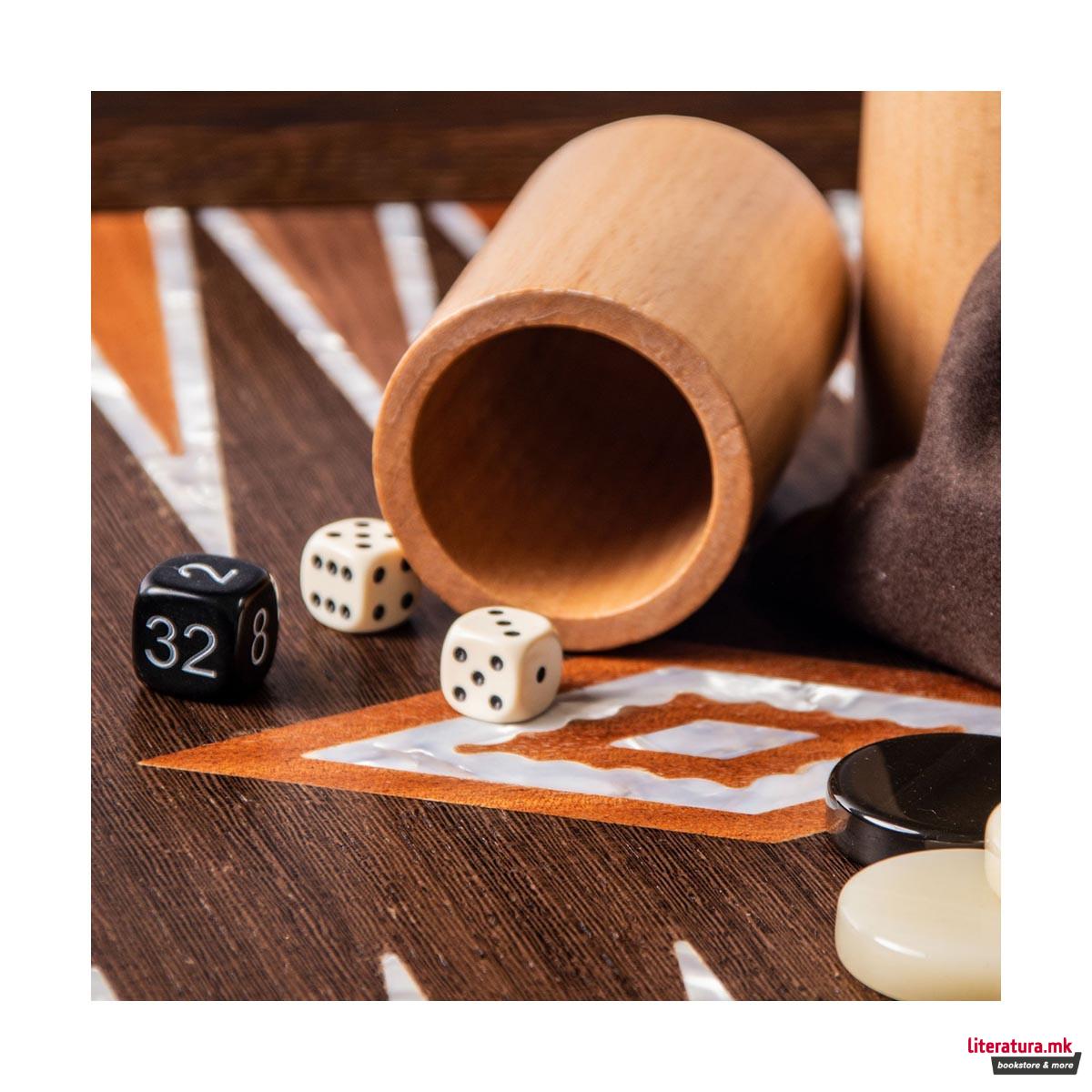 Сет за табла,Premium Handcrafted Natural Burl w/Pearl Elements, голем 