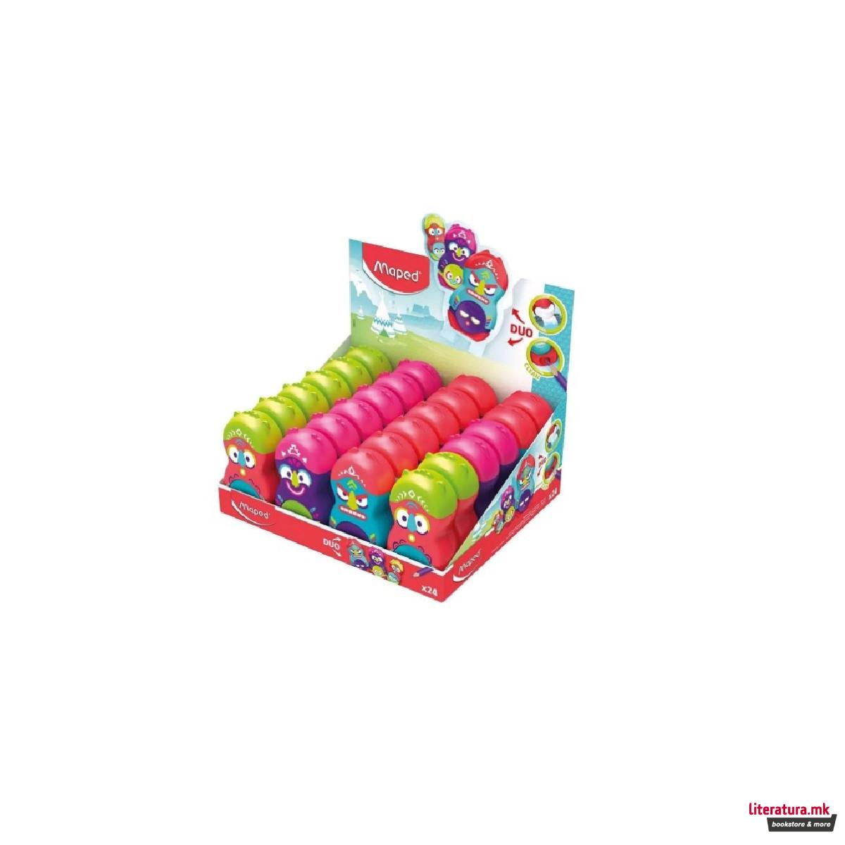 Острилка со два отвори и со гума, Maped, Loopy Totem, 3 дизајни