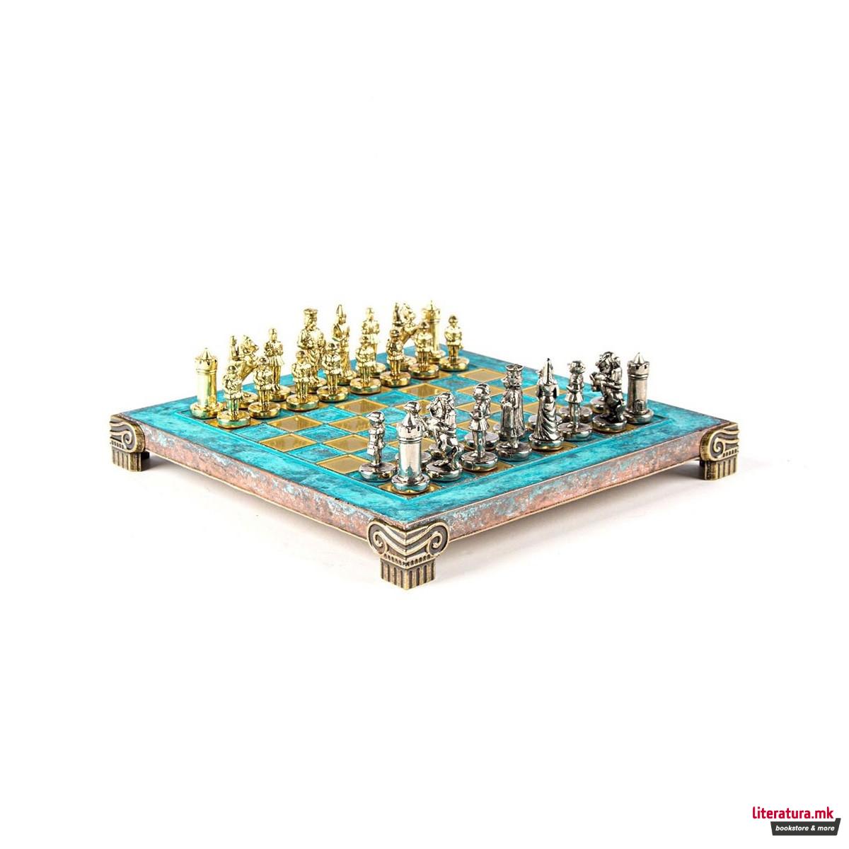 Сет за шах, Byzantine Metal Chess, екстра мал, тиркизен 