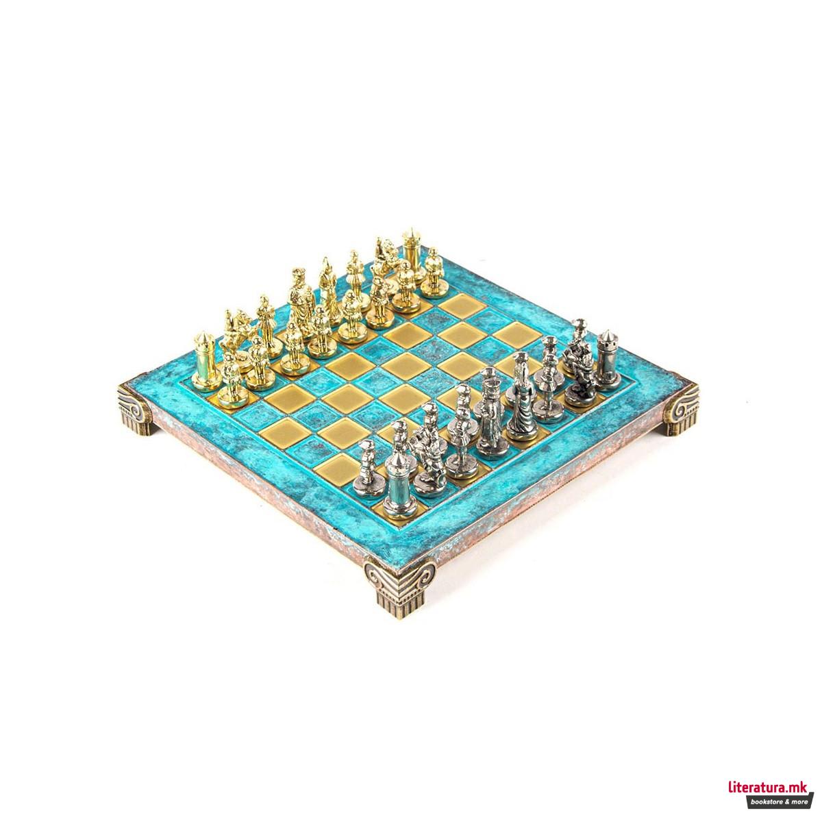 Сет за шах, Byzantine Metal Chess, екстра мал, тиркизен 