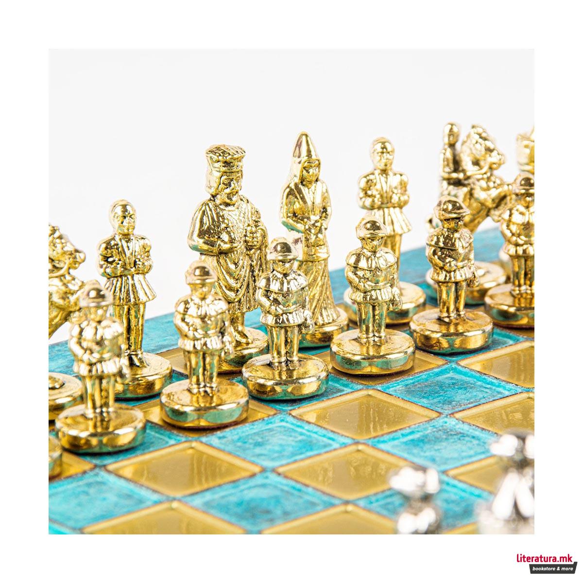 Сет за шах, Byzantine Metal Chess, екстра мал, тиркизен 