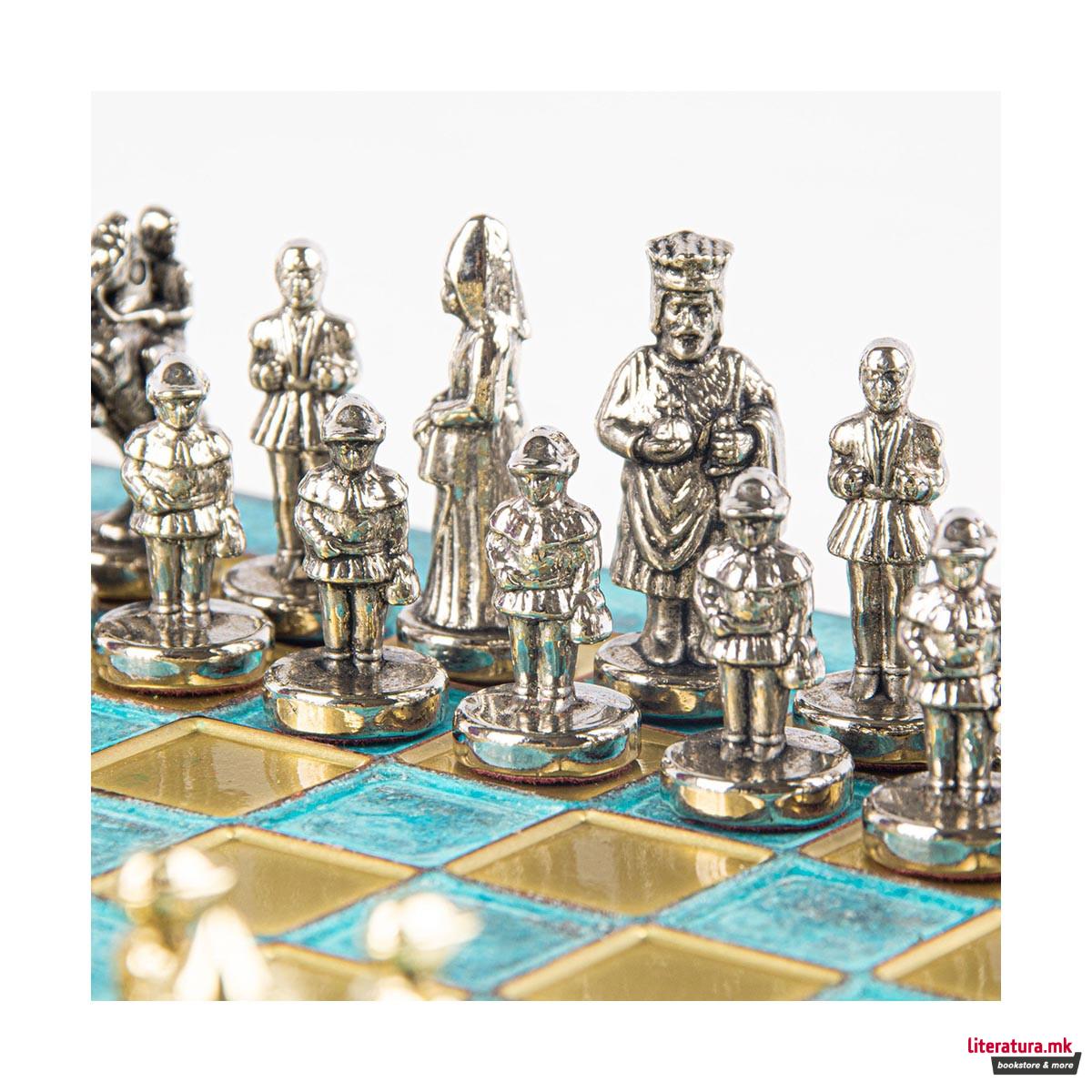 Сет за шах, Byzantine Metal Chess, екстра мал, тиркизен 